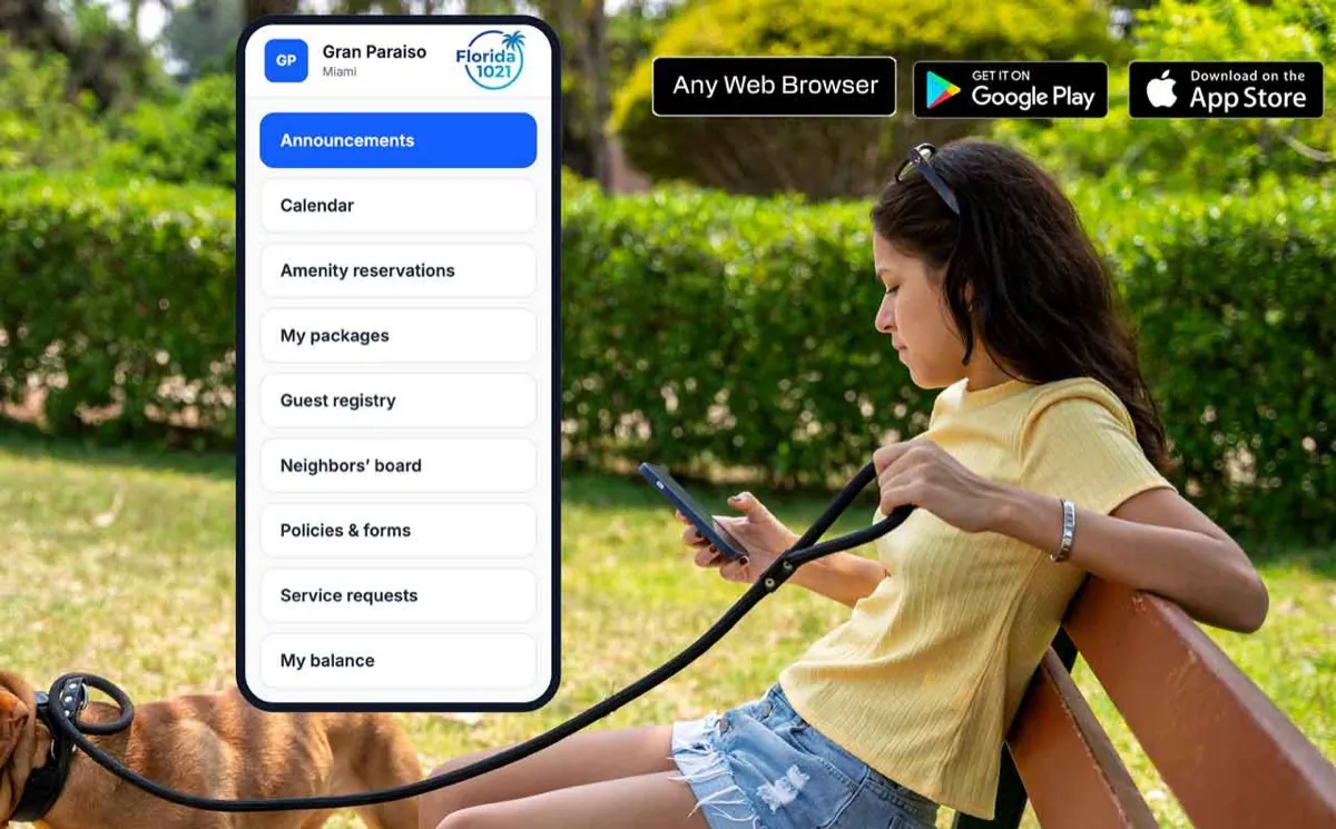 A resident checking announcements, amenity reservations and packages in the Florida 1021 community app